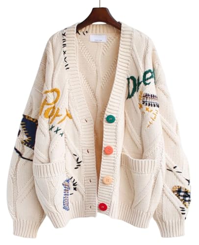 Women's Cable Knit Embroidery Cardigan V Neck Sweaters Long Sleeve Open Front Loose Coat Cute Casual Warm Outwear3