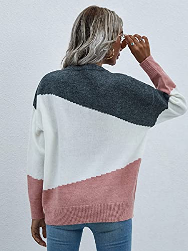 Image of ECOWISH Women Sweater Long Sleeve Color Block Knit Pullover Sweaters Crew Neck Patchwork Casual Loose Jumper Tops