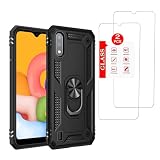 Anvzle for Samsung Galaxy A01 Case with [2 Pack] Tempered Glass Screen Protector, for Galaxy A01 Heavy Duty Armor [Military-Grade] Protective, Magnetic Kickstand Car Holder Phone Case Black