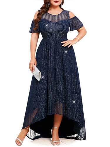 Image of ZOMVA Plus Size Sparkly Mesh Maxi Dress Cold Shoulder Ruffle Sleeve High Low A Line Dresses Wedding Guest Cocktail Party