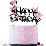 TanJJ Minnie Cake Topper,Black Glitter Minnie Mouse Inspired Happy Birthday Cake Topper with Pink Bows and White Gloves Girls Birthday Party Decorations Supplies(Double-sided)