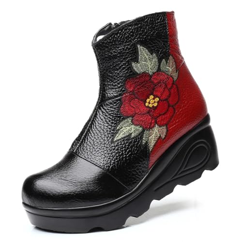 Women's Genuine Leather Embroidery Flowers Platform Ankle Boots with Side Zipper Comfy Memory Foam Insole Soft Sole Anti-slip National Style Booties Outdoor Short Boots4