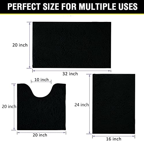 Image of Black Bathroom Rug Chenille 3-Piece Extra Soft and Absorbent Shag Bathroom Rugs, Machine Wash Mat, Strong PVC Non-Slip Underside, Plush Carpet Mats (Black)