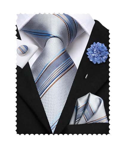 Image of Hi-Tie Sliver and Blue Striped Ties for Men Silk Woven Tie and Lapel Pin Pocket Square Cufflinks Sets Formal Business Wedding