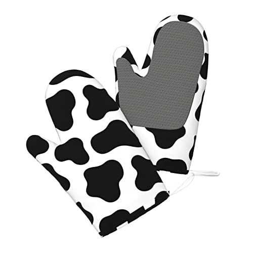 Cow Print Oven Mitts Black And White Silicone Gloves Kitchen Mittens Heat Resistant Non Slip Oven Mitts For Bbq Grilling Baking, 1 Pair #TOP2