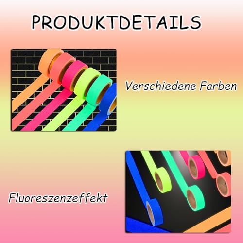 6 Stück UV Fluoreszierendes Klebeband,Neon Klebeband, Leuchtendes Klebeband,Fluoreszierendes Gaffer Tape Neon- Bunte Gewebeband für Partydeko Halloween Handwerk,Leuchtstäbe Partydeko Handwerk