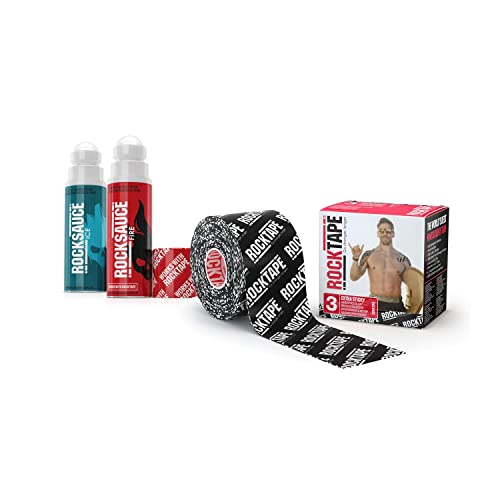 RockTape Extra Sticky 2-Inch Kinesiology Tape (Logo Black) + RockSauce Fire + Ice, Pain Relief Cream
