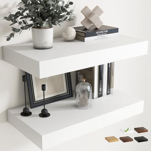 Marsmiles 12 Deep Floating Shelves for Wall with Invisible Brackets Wall Mounted Engineered Wood Shelves with Wood Grain for Living Room Bedroom Kitchen Decor and Storage 24 L Set of 2 White