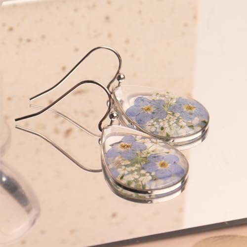 Jean Beau Handmade Pressed Flower Earrings for Women, Unique Resin Dried Flowers Sterling Silver Teardrop Dangle Drop Nature Floral Earings Fashion Summer Jewelry Gift4