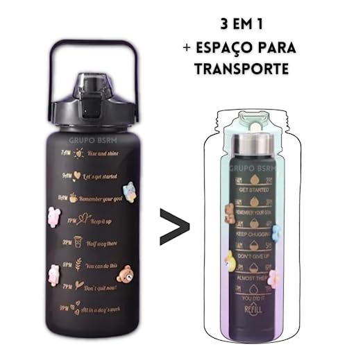 Kit 3 em 1 Garrafa Motivacional Academia Água Galão Fitness Adesivos 3D 2D Antivazamento (Rosê)