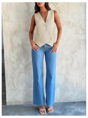 MakeMeChic Women's Vest Tops Y2K Trendy V Neck Button Down Asymmetrical Blazer Vest Waistcoat Jacket4