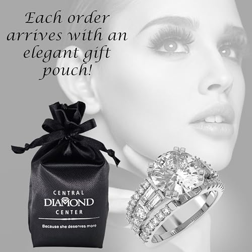 Central Diamond Center 925 Sterling Silver Round & Baguette Engagement Ring with a 9.00mm - 3.00ct Round Center Stone - Size 4 - Image 6