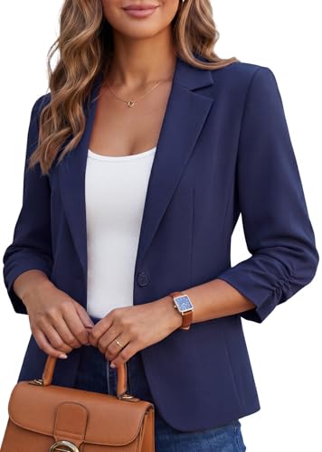 Kelyaa Women's 3/4 Sleeve Casual Blazer Slim Fit Work Suit Jacket,Medium Navy Blue