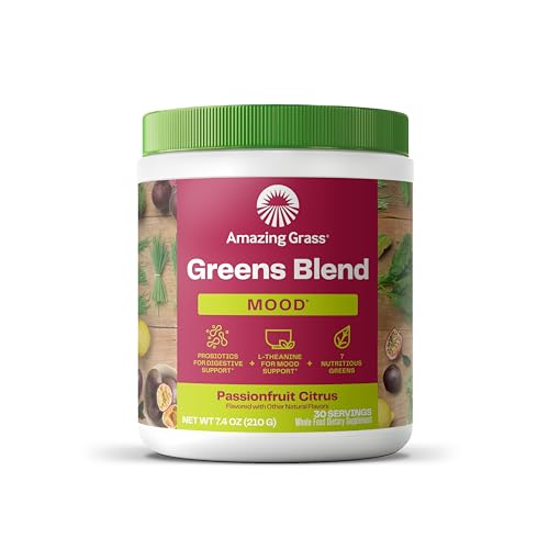 Amazing Grass Greens Blend Mood: Super Greens Powder Smoothie Mix for Mood, Relaxation & Stress Support with Organic Spirulina, Chlorella, Beet Root Powder, Digestive Enzymes & Probiotics, 30 Servings