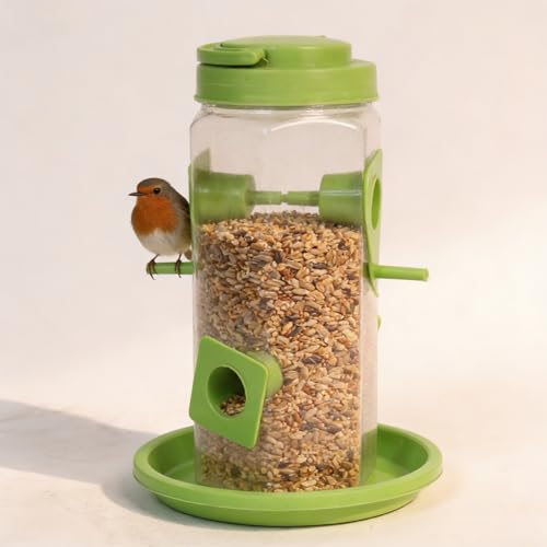 Image of TrustBasket 4-Way Bird Feeder | Transparent Plastic Hanging & Standing Feeder | 21x15x9 cm | 4 Feeding Ports with Perches | Auto Seed Dispensing Tray for Garden & Balcony