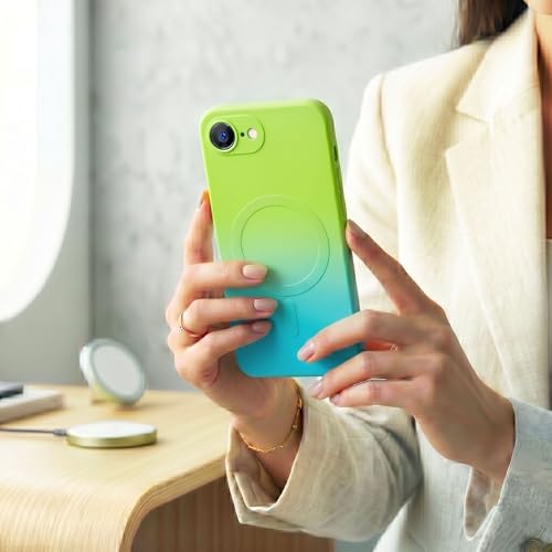 Image of amazon basics Gradient Mag-Safe Case for iPhone 16E | Soft Silicone Shockproof Cover with Camera Protection | Slim Lightweight Design | Smooth Touch & Durable - Green & Blue