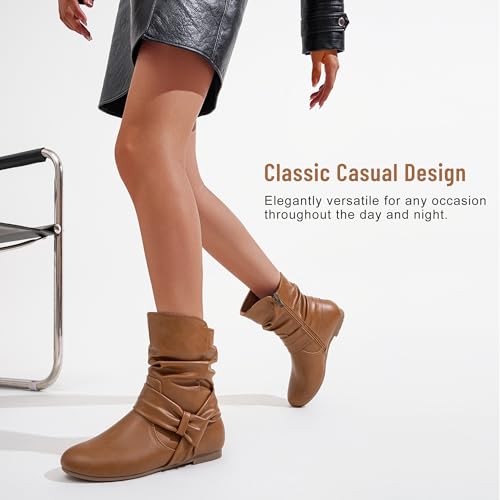 Image of Vepose Women's Slouch Ankle Boots, Flat Low Heel Side Zip Booties 939A
