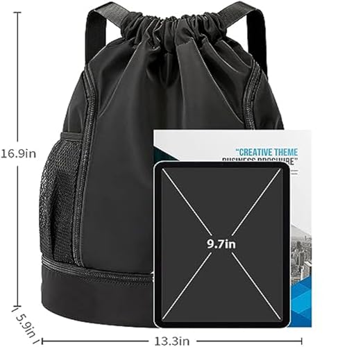 Drasry Drawstring Backpack Resistant String Bag Swimming Gym Sports with Compartment Side Mesh Pockets for Women Men