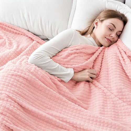 Image of EMME Fleece Blanket Twin Size Luxury Flannel for Couch Bed Sofa Chair, Soft, Plush, Warm and Cozy Blanket with Geometric Grid Design (Pink, 60'' x 80'')
