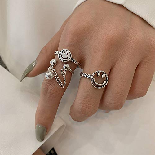 YERTTER 2pcs Retro Smile Face Open Ring S925 Silver Chain Ring Knuckle Ring Finger Ring Chic Open Ring for Women Girls