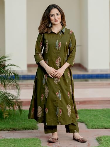 Image of Arayna Women's Pure Cotton Printed A-Line Kurta Set with Pants | Button-Down Collar Kurta