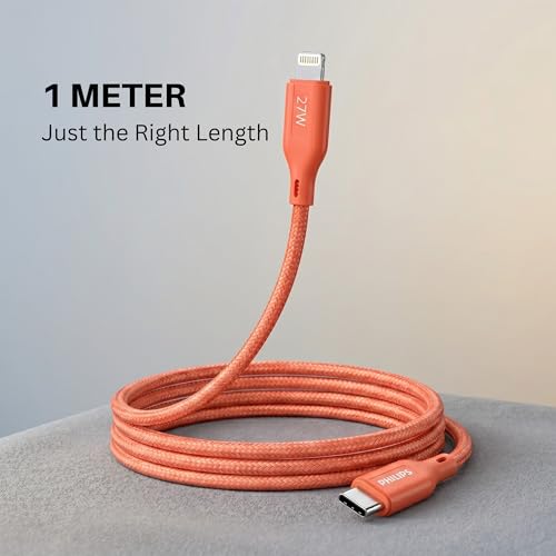 Image of PHILIPS DLC4130LR /94 27W iPhone Original Type-C to Lightning Fast Charging Cable (1m, Coral Reef) | MFi Certified | 480Mbps Data Sync | Nylon Braided | Compatible with iPhone & Other Lightning Devices