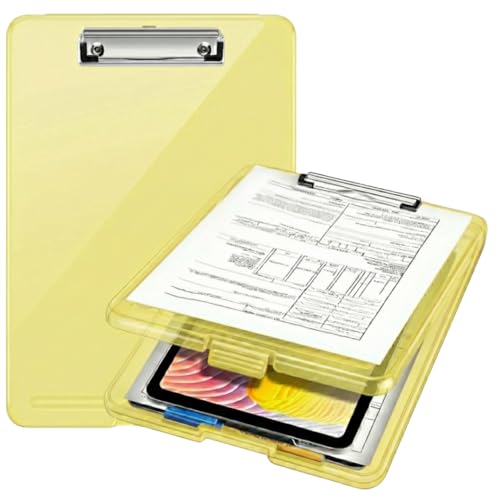 Image of Yajnas Clip Pad /Clipboard with Built-in Storage Compartment and Pen Holder - Durable, Lightweight Writing Pad with Snap Closure - Ideal for Office, School, Fieldwork (Light Yellow Colour)