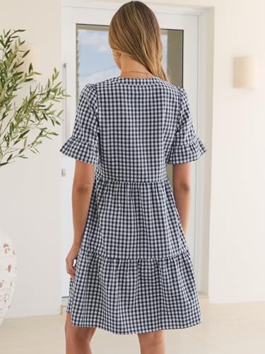 Image of Caracilia Dresses for Women Summer 2026 Striped V Neck Ruffle Sleeve A Line Tiered Flowy Casual Mini Beach Dress with Pockets