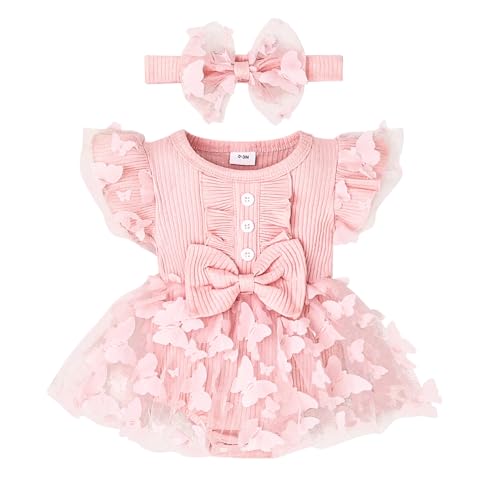 Image of Aenbilo Baby Girl Clothes Summer Girls Clothes Short Sleeves Lace Cute Romper Bodysuit Outfits Headband 0-18 Months