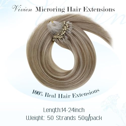 Vivien Extensions Micro Loop Real Human Hair 18 Inch Brown Highlight Hatural Hair Extensions Micro Beads Light Brown mix Platinum Blonde Invisible 50g 50s #8P60 - Image 2