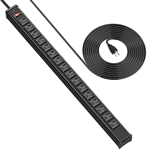 Metal 16-Outlet Power Strip, Extra Long 10ft Cord, Heavy Duty Wall Mount, Garage Power Strip with Switch for Work Shop, Workbench Industrial Commercial Use (Black)
