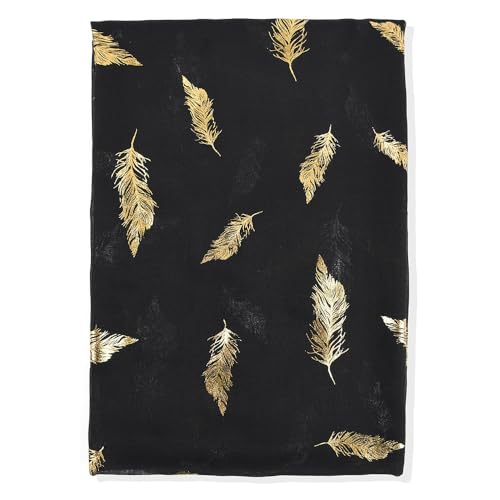 Gold Feather Print Scarf, Cotton Linen Blend Shawl, Fashion Wrap for Women, Available in Pink, Black, and Red3
