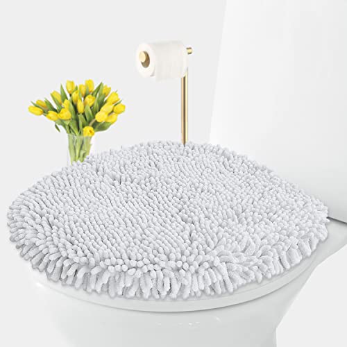 LuxUrux Toilet Lid Cover with Stretch Fit Elastic Band – Chenille Microfiber Toilet Seat Non-Slip Cover for Bathroom – Soft Plush, Machine Wash And Dry, Comfort & Clean Look (18 x 18'', White)