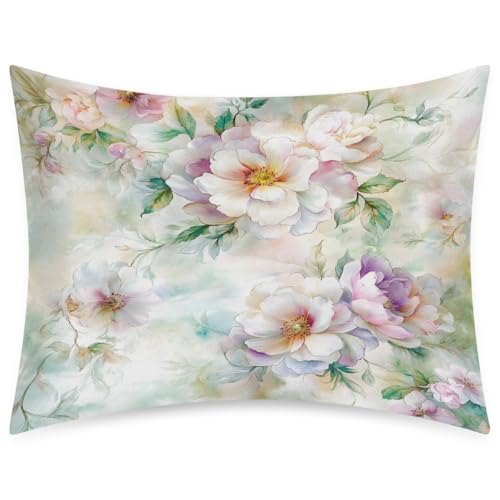 Elegant Watercolor Flower Satin Pillowcase for Hair and Skin, Silk Pillowcase Standard Size Silky Pillow Case with Zipper Slip Cooling Pillow Cover (20x26 Inches)