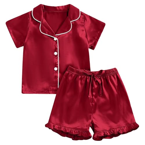 Kids Short Sleeve Satin 𝐏a𝐣ama Set for Toddler Girls Button Down Shirts Ruffled Hem Shorts 𝗦ilk 𝐏ajamas Sl𝐞epwear2