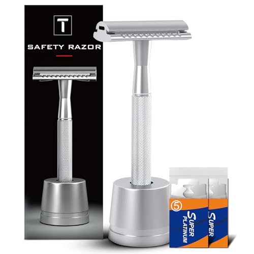 THURLADY Single Blade Safety Razors for Men, Shaving Razor Kit, with 10 Double Edge Blades and 1 Stand, Stainless Steel Reusable Metal Razor, Holiday Gifts for Men Him Husband Dad Son Brother