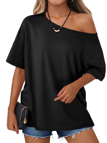 Tankaneo Womens Oversized Off The Shoulder T Shirt Cotton Short Sleeve Casual Tunic Tops Summer Loose Fit Flowy Tees