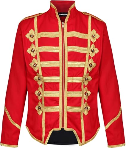 Image of Pamposh Steampunk Hussar Military Drummer Parade Jackets - Emo Punk Mens Jackets - Napoleon Gothic Clothing - Marching Band Jackets (UK, Alpha, S, Regular, Regular, Red & Gold)