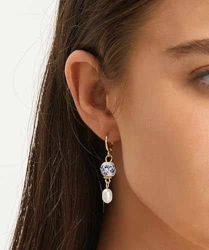 Blue Porcelain Genuine Freshwater Pearl Gold Huggie Earrings Blue White Floral Porcelain Pearl Earrings Small Hoop Earrings2