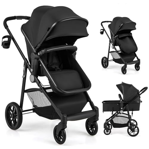 GLACER 2 in 1 Convertible Baby Stroller, Folding High Landscape Infant Bassinet Stroller with Adjustable Canopy & Backrest, Foot Muff, Cup Holder and Large Storage, Newborn Carriage Stroller (Black)