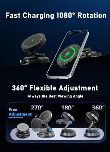 Image of 15W Magsafe Wireless Fast Charger Car Phone Mount Holder with Vacuum | ULiiZOMIR Adjustable Magnetic Mount, Strong Grip Dashboard & Windshield Holder for iPhone 12-17 and Android Devices