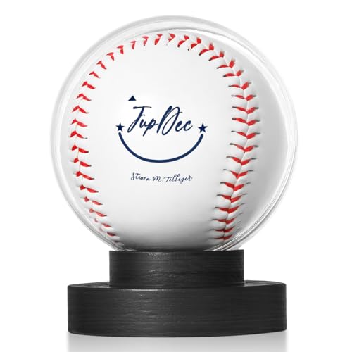 Image of JupDec Baseball Display Case, Round Clear Ball Holder with Wooden Base, Autograph Baseball Stand Box for Single Ball, Acacia Wood, Black