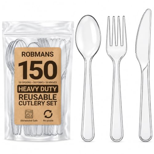 Image of Robmans 150 Pack Heavy Duty Clear Cutlery Set – 50 Forks, 50 Knives, 50 Spoons – Reusable Party Cutlery for Birthday Parties, Weddings, BBQs, Buffets, Picnics & Camping – Dishwasher Safe