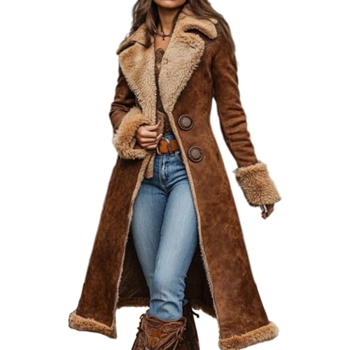 TACSTRUN Women's 70s Vintage Western Sherpa Fleece Lined Jacket Long Faux Fur Coat Fuzzy Long Sleeve Warm Winter Overcoat,Brown,L