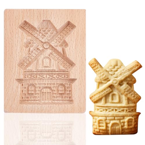 GOMAKRER 1 Pcs Carved Wooden Windmills Cookie Mold, Kitchen Wooden Cookie Cutter 3D Biscuit Press Stamp Molds Gingerbread Cookie Stamp for Christmas Kitchen DIY Baking Tools