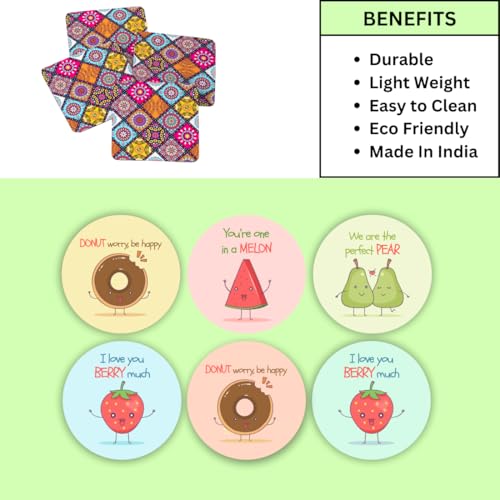 Image of Zesta Coasters for Cups Set of 6 / Wooden Coasters for Bar Accessories for Home /Tea Coaster Set of 6 / Waterproof Dining Table Decor Glass Cover (Fruits, Circle)