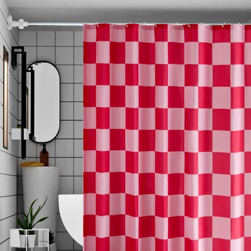 Duschvorhang 180×180cm - Karierter Badevorhang Anti Schimmel Waschbar Wasserdichter Schnelltrocknend für Badewanne mit 12 Haken Retro Schachbrett Shower Curtain Polyester Textil Vorhang (Rot & Pink)