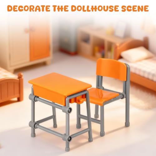 BESTonZON 4 Sets Miniature School Desk and Chair Model, 1:12 Scale Dollhouse Classroom Furniture Set, Plastic Mini Table Chairs for Diorama, Doll House Accessories & Mini School Supplies — view 6