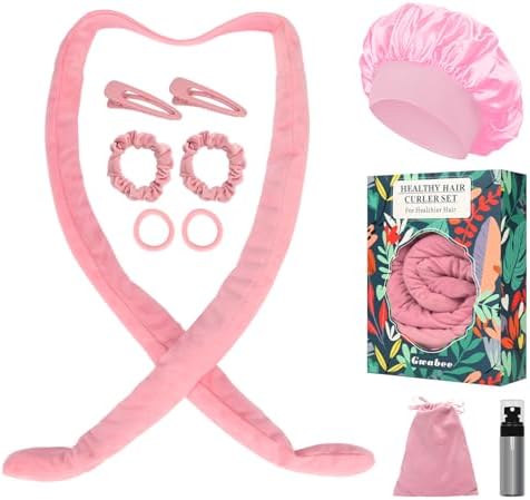 Gwabee Hair Curlers to Sleep In, No Heat Curling Headband, Soft Overnight Curls Headband with Satin Bonnet, Non Heat Hair Curler Rollers Wrap Set for Women Girl Long Hair, 10 PCS with Gift Box -Pink