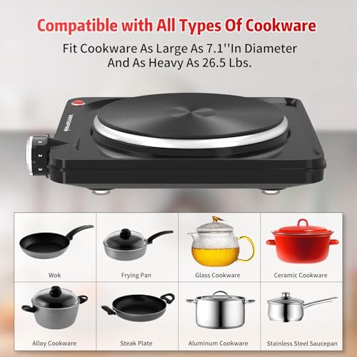Image of Vayepro 1500W Hot Plate, Portable Electric Stove, Single Electirc Cooktop, Portable Burner for Cooking, Cooktop for Dorm Office Home Camp, UL Listed, Compatible with All Cookware